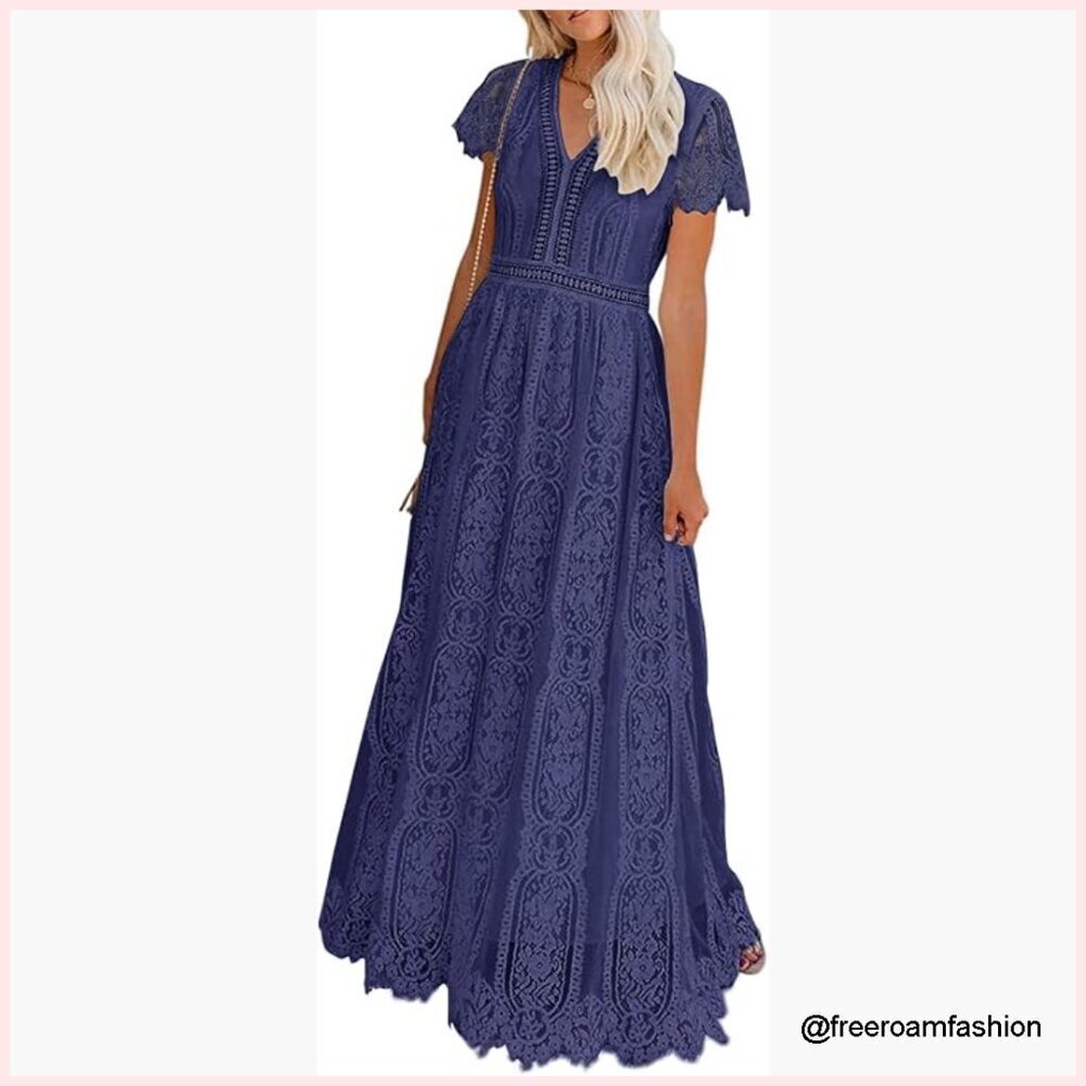 Floral Lace Maxi Dress V-Neck Short Sleeve A-Line Formal Wedding Party